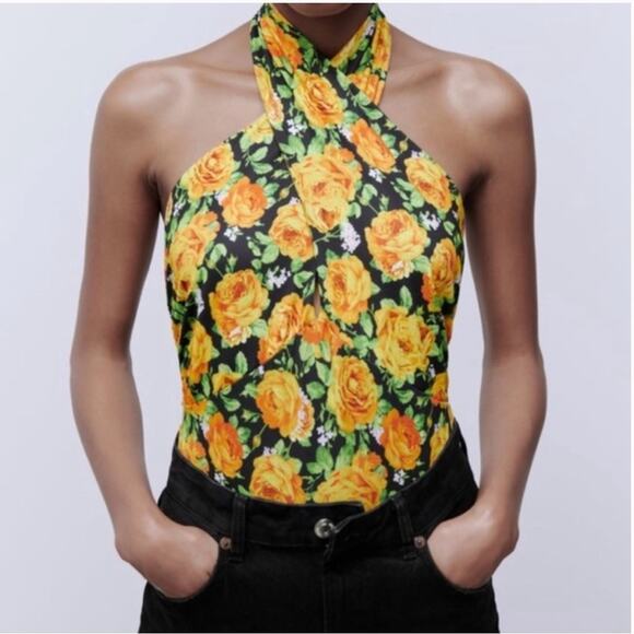 NWT Zara Bodysuit Womens L Yellow Floral Halter Neck Backless Boho Feminine - Picture 1 of 8